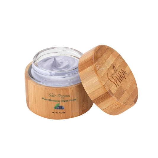 Pure Blueberry Night Cream in bamboo container for smooth and supple skin with antioxidants, vitamins, and essential fatty acids.