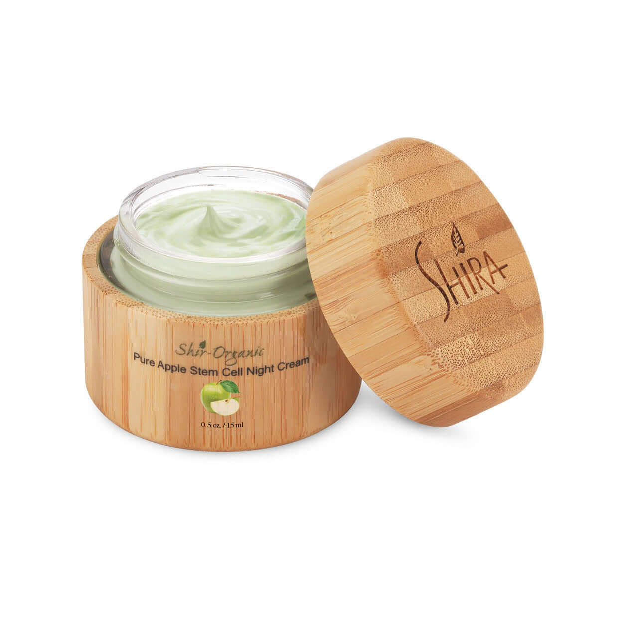 Pure Apple Stem Cell Night Cream by Shir Organic in an eco-friendly bamboo container for anti-aging skincare.