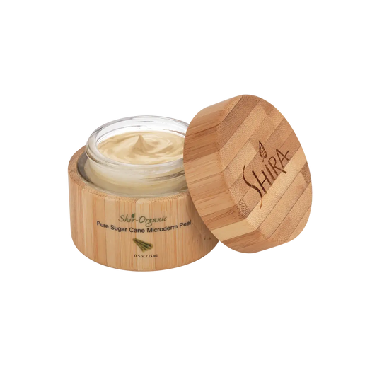 Pure Sugarcane Microderm Peel in bamboo container for gentle exfoliation and youthful skin.