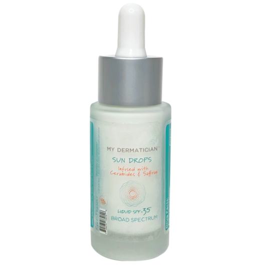 Sun Drops SPF 35 Infused with Ceramides and Saffron liquid SPF serum in a glass dropper bottle.