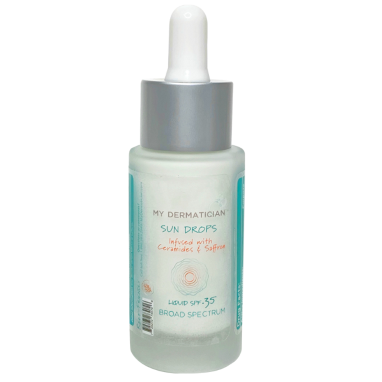 Sun Drops SPF 35 Infused with Ceramides and Saffron liquid SPF serum in a glass dropper bottle.