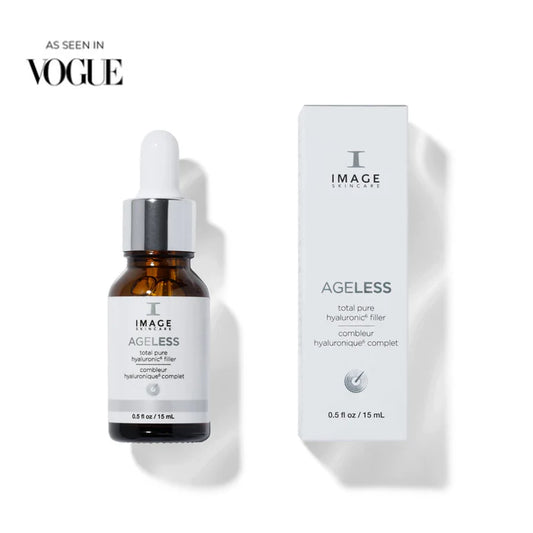 AGELESS Total Pure Hyaluronic 6 Filler bottle and box with dropper, featured in Vogue.