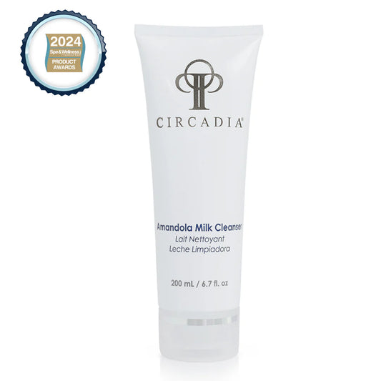 Amandola Milk Cleanser tube with 2024 product award logo, 200 ml gentle almond milk cleanser.