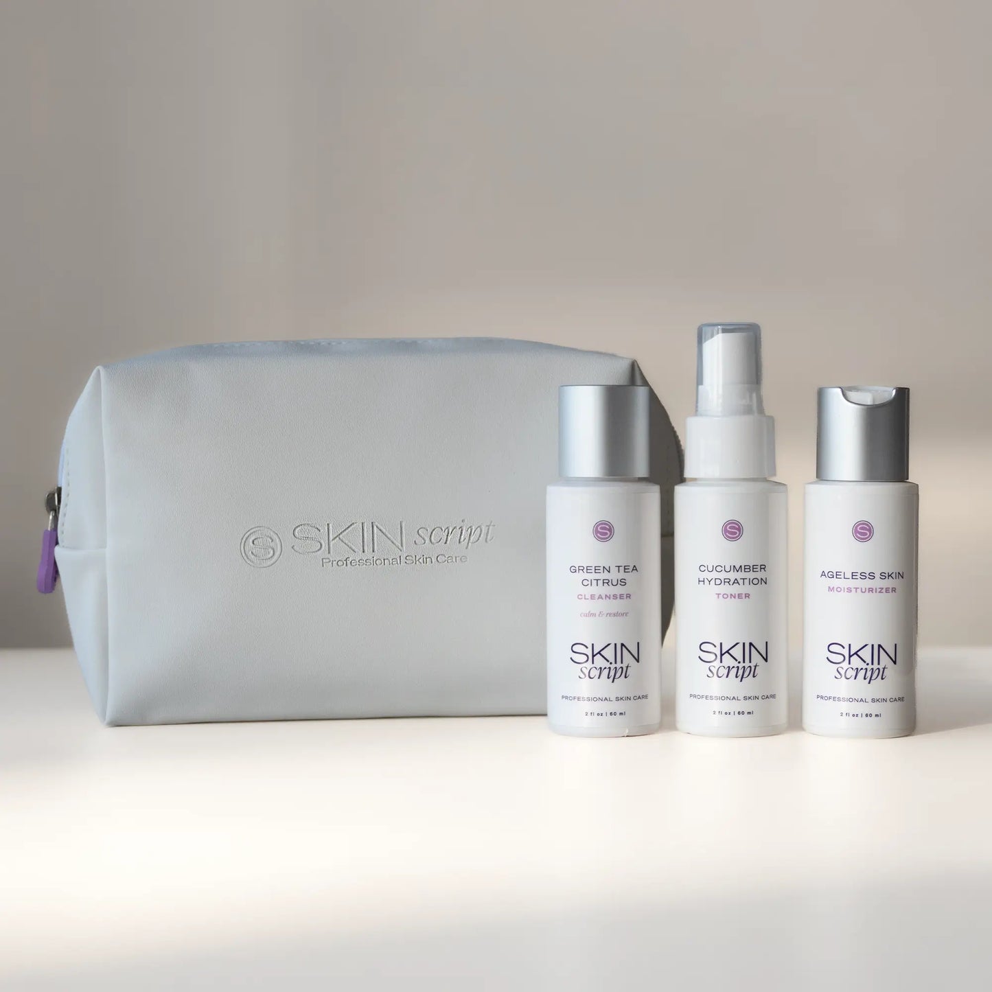 Everyday Balance Travel Kit with Green Tea Citrus Cleanser, Cucumber Hydration Toner, and Ageless Skin Moisturizer.