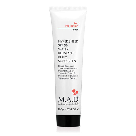 Hyper Sheer SPF 50 Water Resistant Body Sunscreen by MAD Skincare - 120g Tube for Broad Spectrum Sun Protection