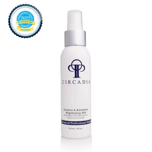 Circadia Licorice & Bearberry Brightening Mist in a spray bottle, enhances skin radiance and brightens dark spots.