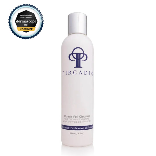 Vitamin Veil Cleansing Oil in a sleek bottle with Circadia branding and award badge for skincare excellence.