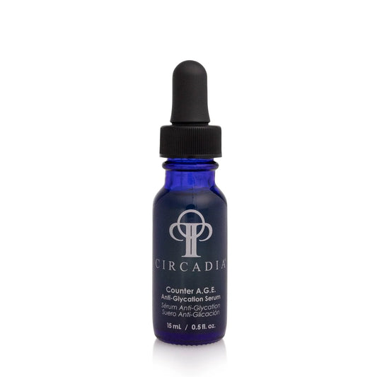 Counter A.G.E. Anti-Glycation serum bottle with dropper for skin hydration and anti-aging benefits.