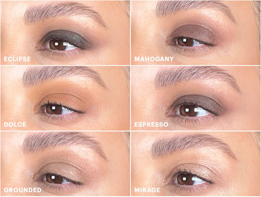 Six eye shadow looks featuring shades Eclipse, Mahogany, Dolce, Espresso, Grounded, and Mirage applied on eyelids