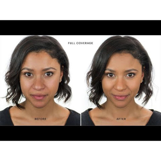 Before and after comparison of pressed powder foundation coverage on a woman's face.