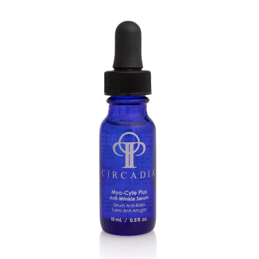 Myo-Cyte Plus Anti-Wrinkle Serum in a blue glass bottle with dropper, 15ml size, skin care product image.