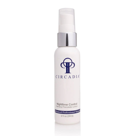 Circadia Nighttime Control Benzoyl Peroxide Lotion bottle, 2 oz, professional skincare solution for acne treatment.