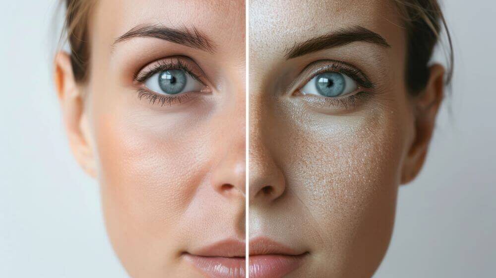 "Comparison of skin before and after exfoliation showing smoother, healthier skin on the left and dry, flaky skin on the right."