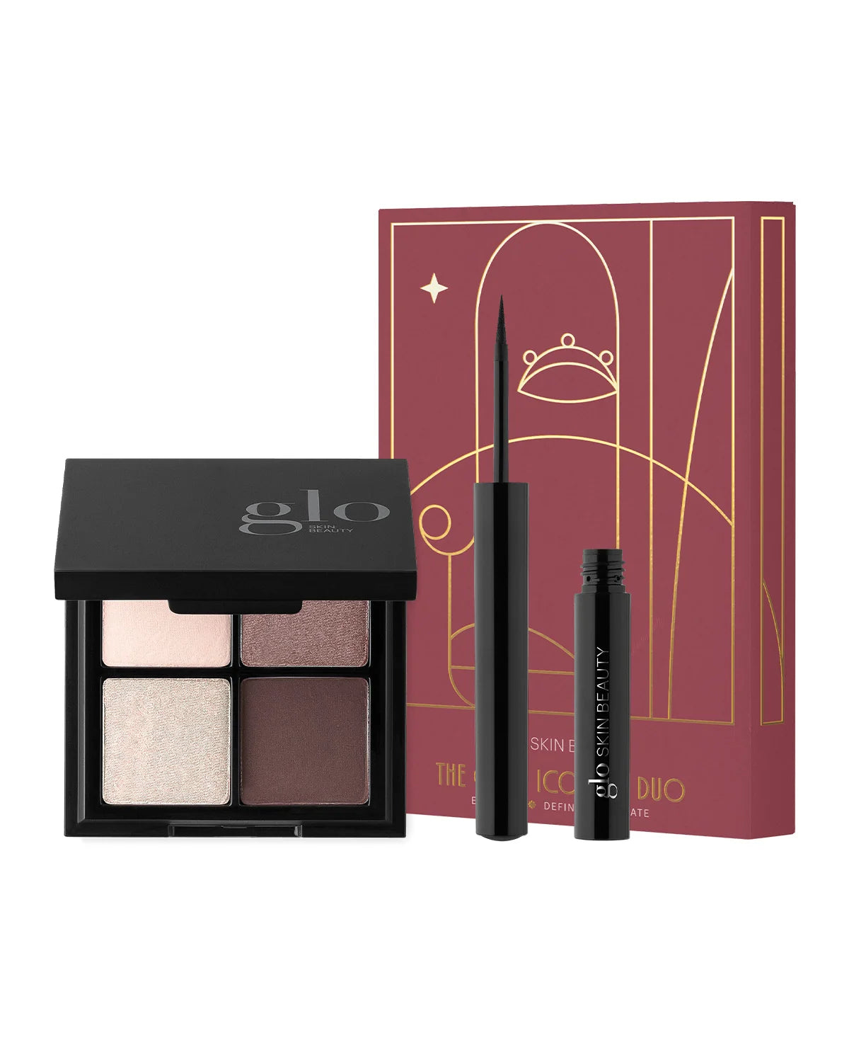 The Glam Icon Eye Duo featuring shadow quad and Precision Liquid Eyeliner for luminous eye looks.