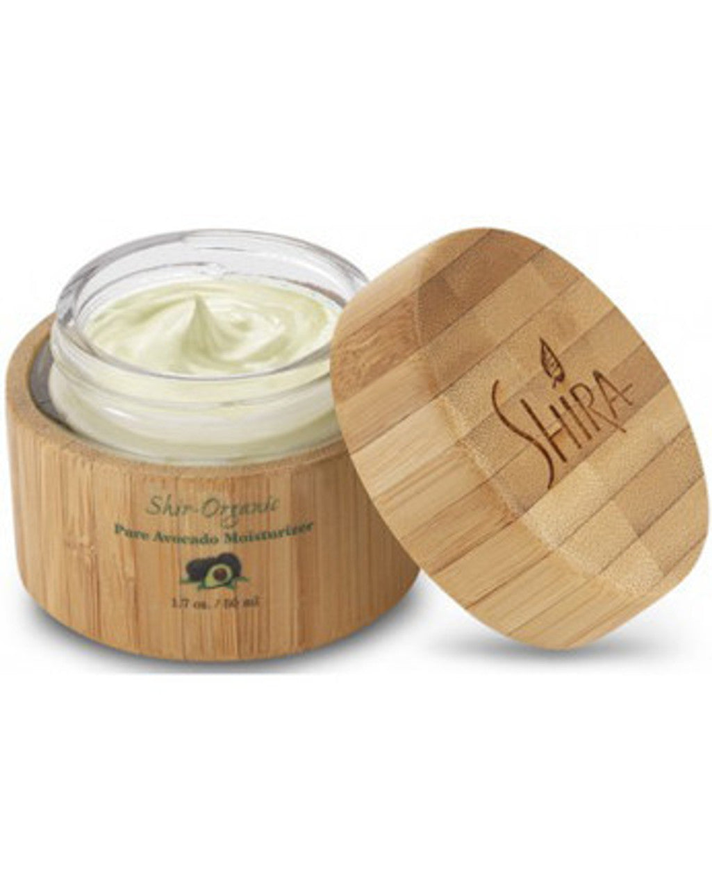 Shir-Organic Pure Avocado Moisturizer in bamboo jar with open lid displaying creamy texture. Contains Vitamins A, D, E, and Lecithin for smoother skin.