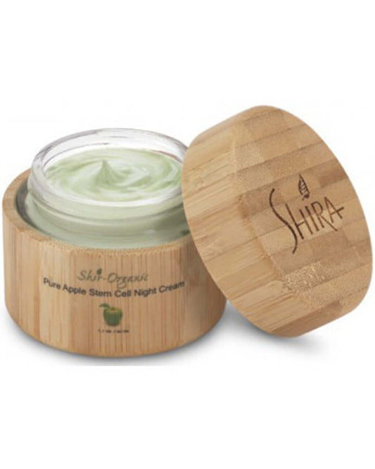 Pure Apple Stem Cell Night Cream in wooden jar, organic anti-aging skincare with Swiss apple stem cells to hydrate and brighten skin.