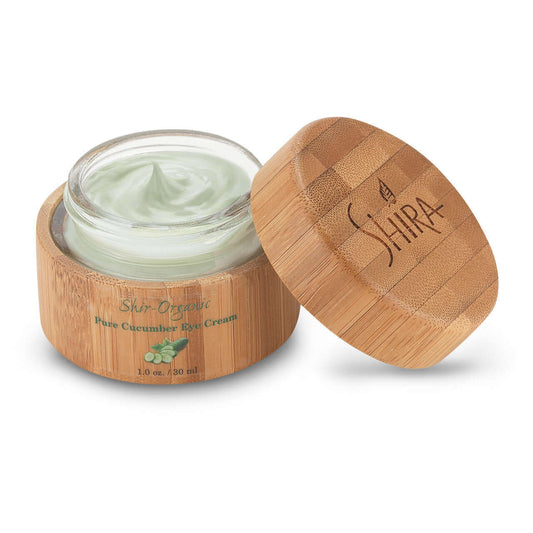 Pure Cucumber Eye Cream in bamboo container for cooling, soothing, and calming the skin around the eye area