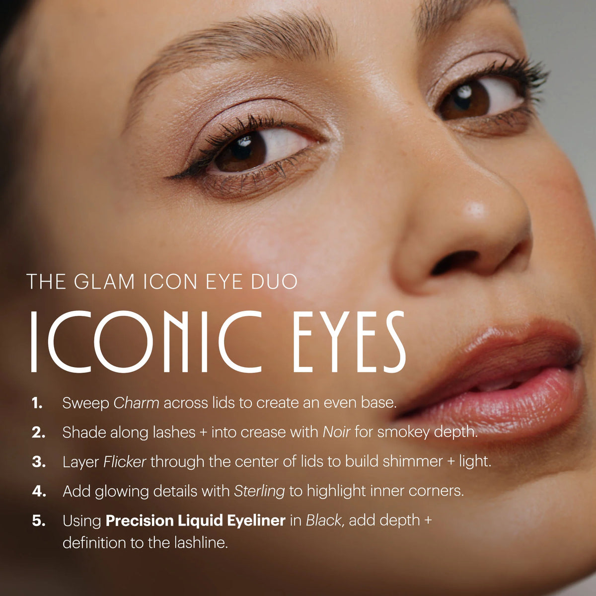 The Glam Icon Eye Duo featuring a model showcasing iconic eyes with defined eyeliner and shimmery eyeshadow.