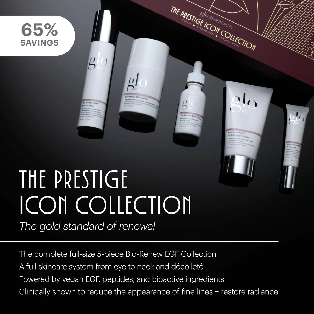 The Prestige Icon Collection showcasing five full-size Bio-Renew EGF products for skincare renewal and firmness.