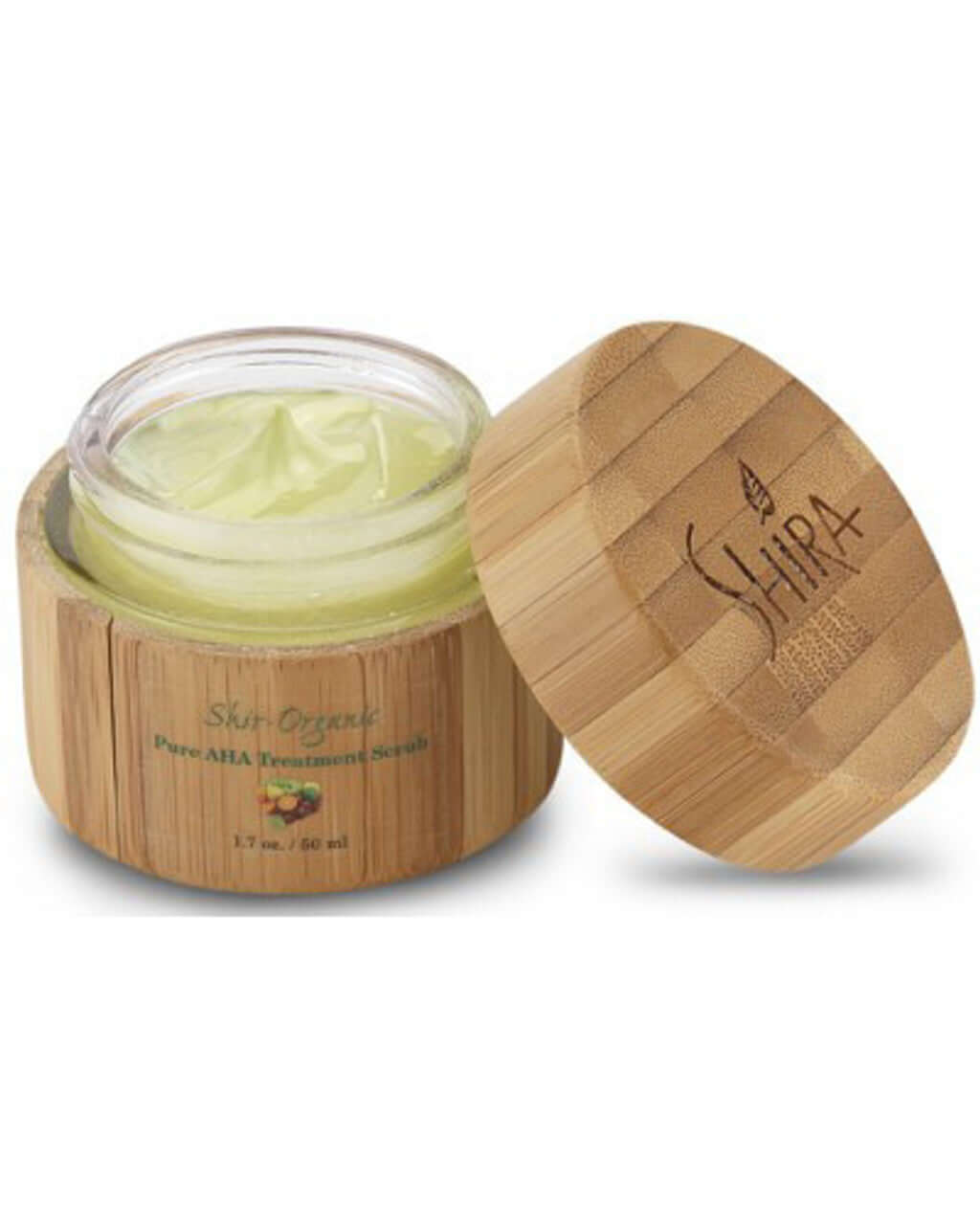 Pure AHA Treatment Scrub in natural bamboo jar, contains fruity cocktail acids for clarifying and polishing skin, promoting a youthful appearance.