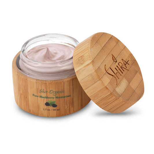 Pure Blackberry Moisturizer in eco-friendly bamboo jar for hydrating and calming sensitive skin