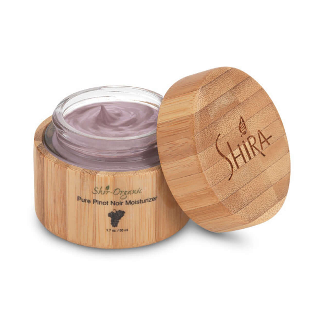 Shira Pure Pinot Noir Moisturizer in bamboo packaging for anti-aging and skin brightening, enriched with Resveratrol and safflower.