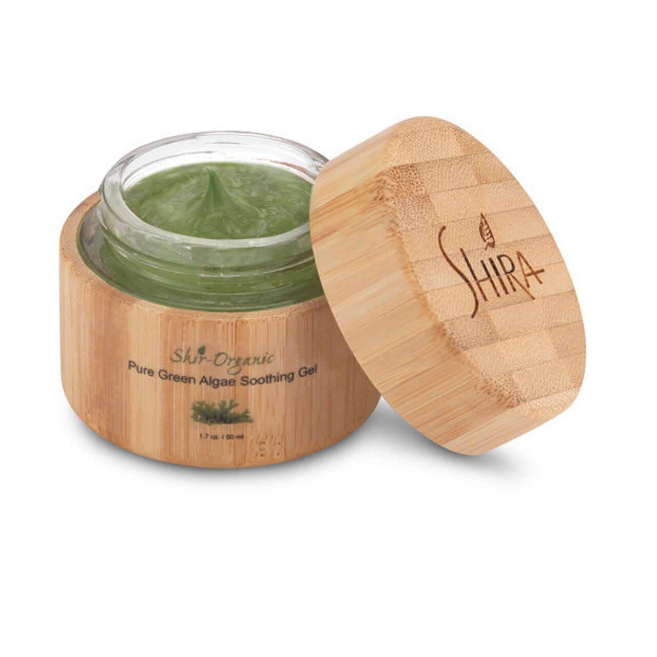 Pure Green Algae Soothing Gel in bamboo container for hydration and skin soothing with green tea and Gotu Kola extracts from Shir Organic