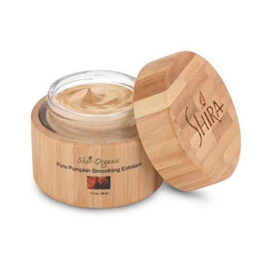 Pure Pumpkin Smoothing Peel in bamboo jar for anti-oxidant protection, exfoliation, and soft, smooth skin with natural enzymes and nutrients.