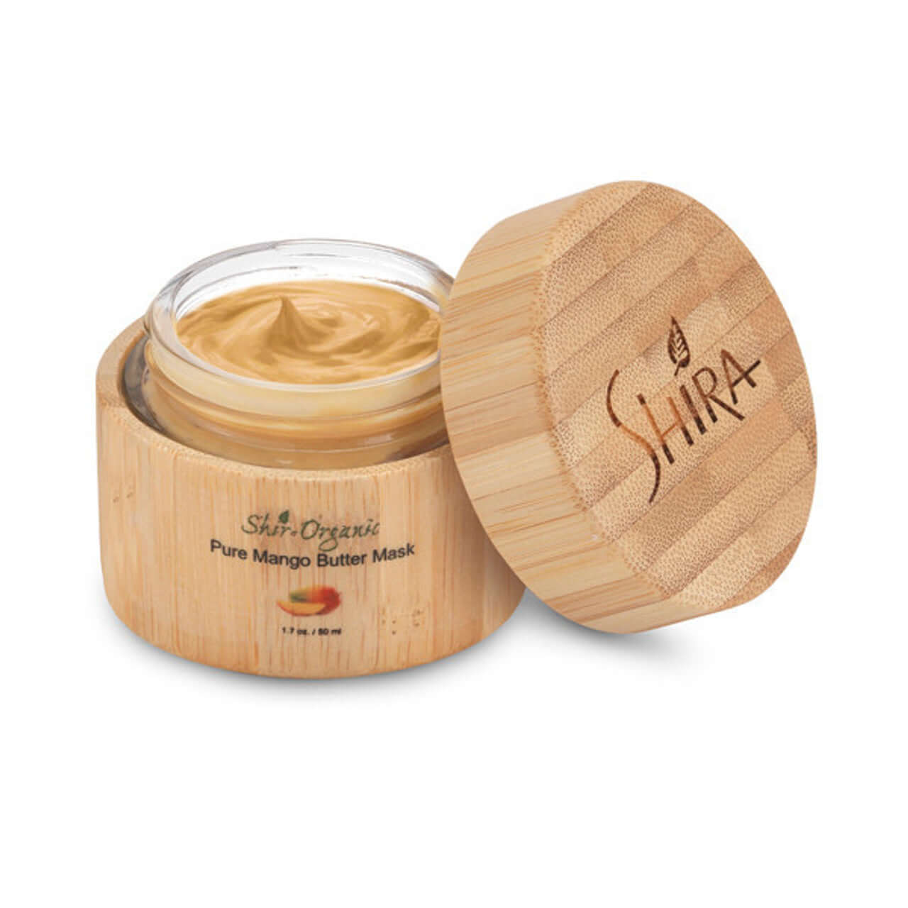 Pure Mango Butter Mask in bamboo jar with lid off, revealing creamy texture. Hydrating and calming facial mask for sensitive skin.