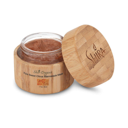 Pure Sweet Citrus Marmalade Mask jar with bamboo lid, ideal for dark spots and uneven skin tone, containing Bioflavonoids and Vitamins.