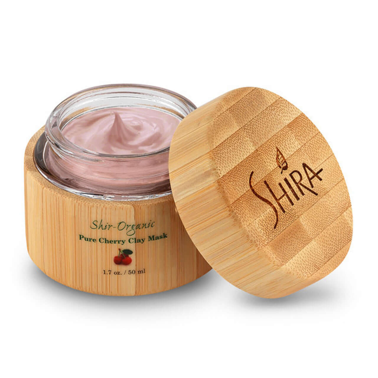 Pure Cherry Clay Mask in bamboo container for youthful, refined skin, minimizes pores, balances tone, reduces fine lines and wrinkles.