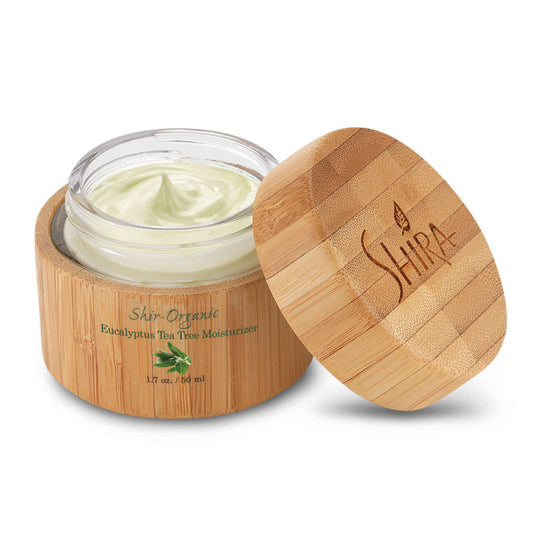 Pure Eucalyptus Tea Tree Moisturizer in bamboo packaging for oily and acne-prone skin, with healing and hydrating properties.