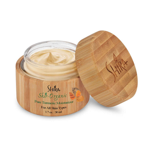 Pure Turmeric Moisturizer in bamboo jar for all skin types, packed with antioxidants and vitamins, promotes skin elasticity and prevents aging.