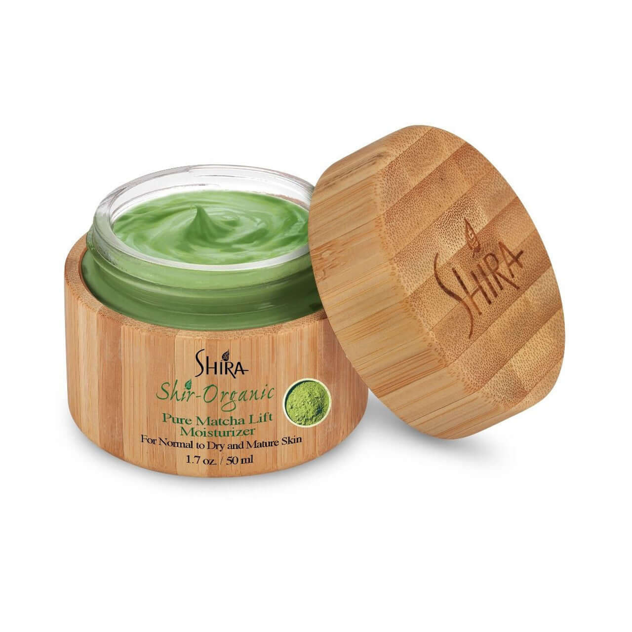 Pure Matcha Lift Moisturizer in a bamboo jar for firming and rejuvenating skin with powerful antioxidants