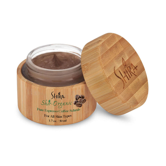 Shira Organic Pure Espresso Coffee Scrub in Bamboo Jar for Revitalizing Skin Care