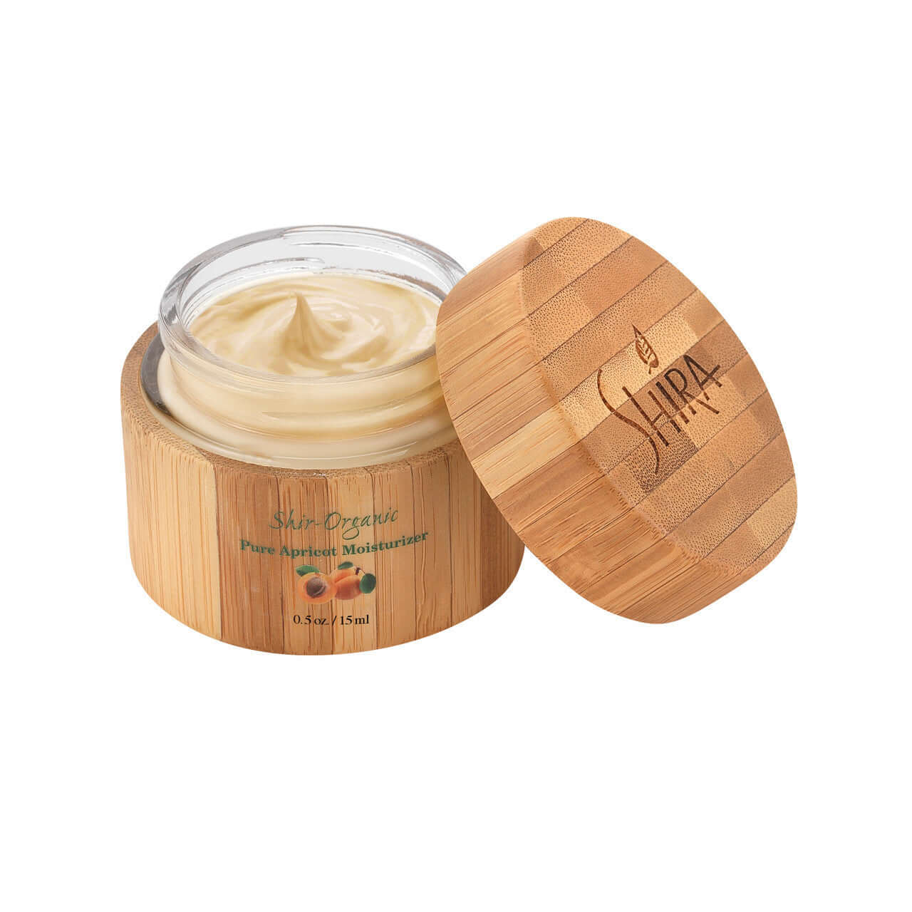 Pure Apricot Moisturizer in bamboo container with lid, rich in Vitamins A & E, beta-carotene, promoting youthful and healthy skin.