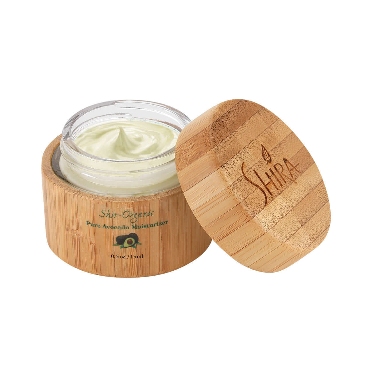 Shir-Organic Pure Avocado Moisturizer in bamboo container packed with vitamins for radiant, smooth, and moisturized skin.