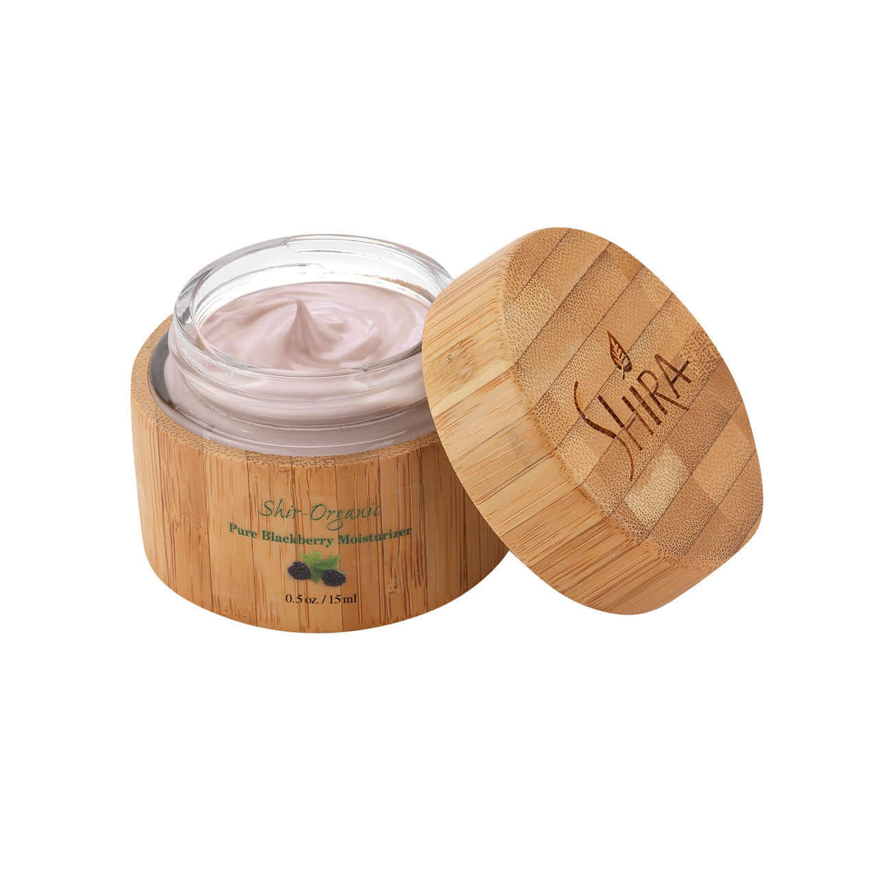 Glass jar of Shira Pure Blackberry Moisturizer with wooden lid, ideal for hydrating, nourishing, and calming sensitive skin.