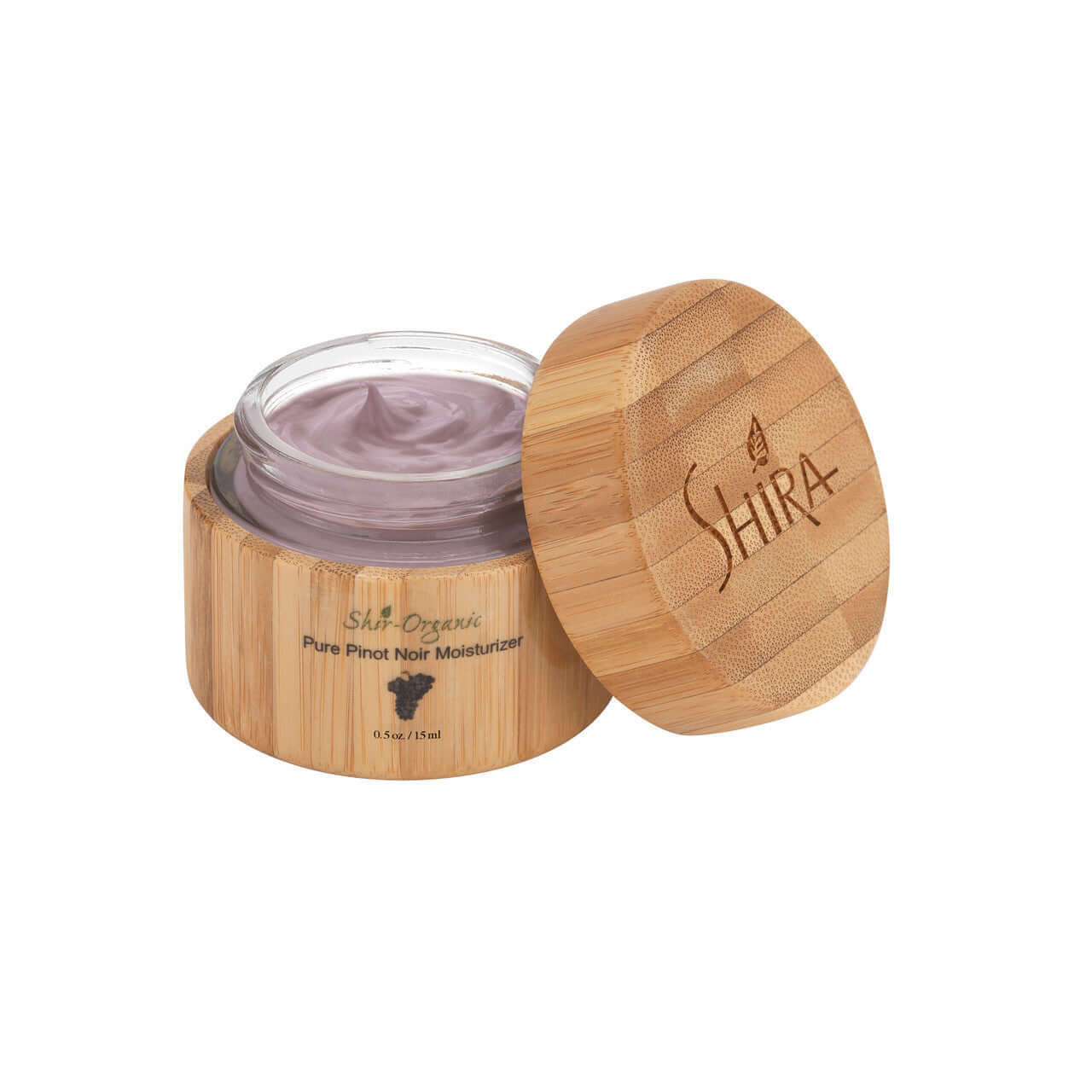 Pure Pinot Noir Moisturizer by Shira in bamboo packaging, featuring luxurious anti-aging cream enriched with Resveratrol and safflower encapsulate.