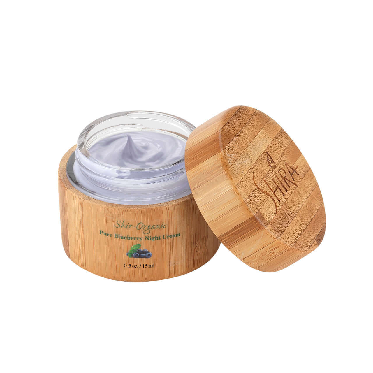 Pure Blueberry Night Cream in bamboo container for smooth and supple skin with antioxidants, vitamins, and essential fatty acids.