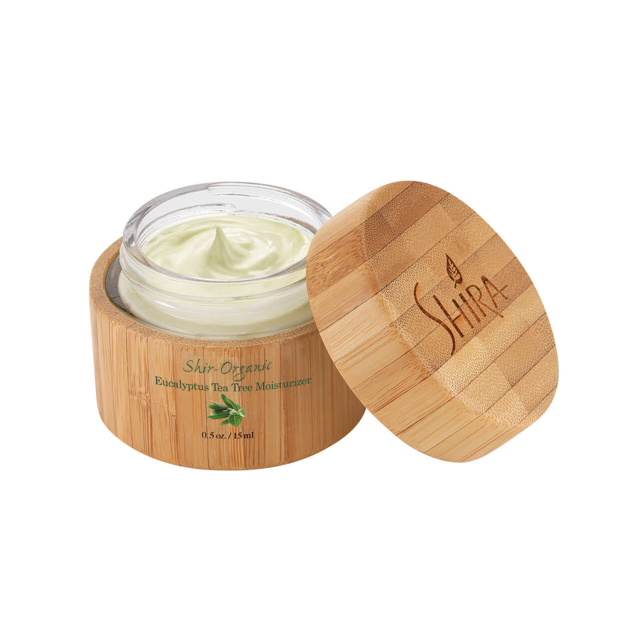 Pure Eucalyptus Tea Tree Moisturizer in bamboo container ideal for oily or acne-prone skin with therapeutic, antiseptic, and antioxidant ingredients