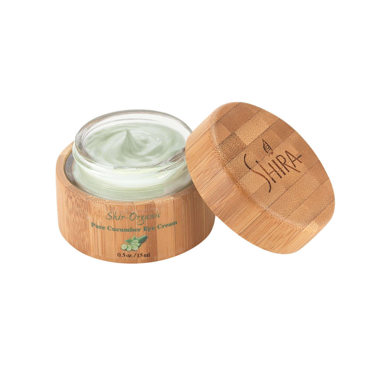 Pure Cucumber Eye Cream in bamboo container for soothing and cooling skin around the eyes, reducing puffiness and water retention.