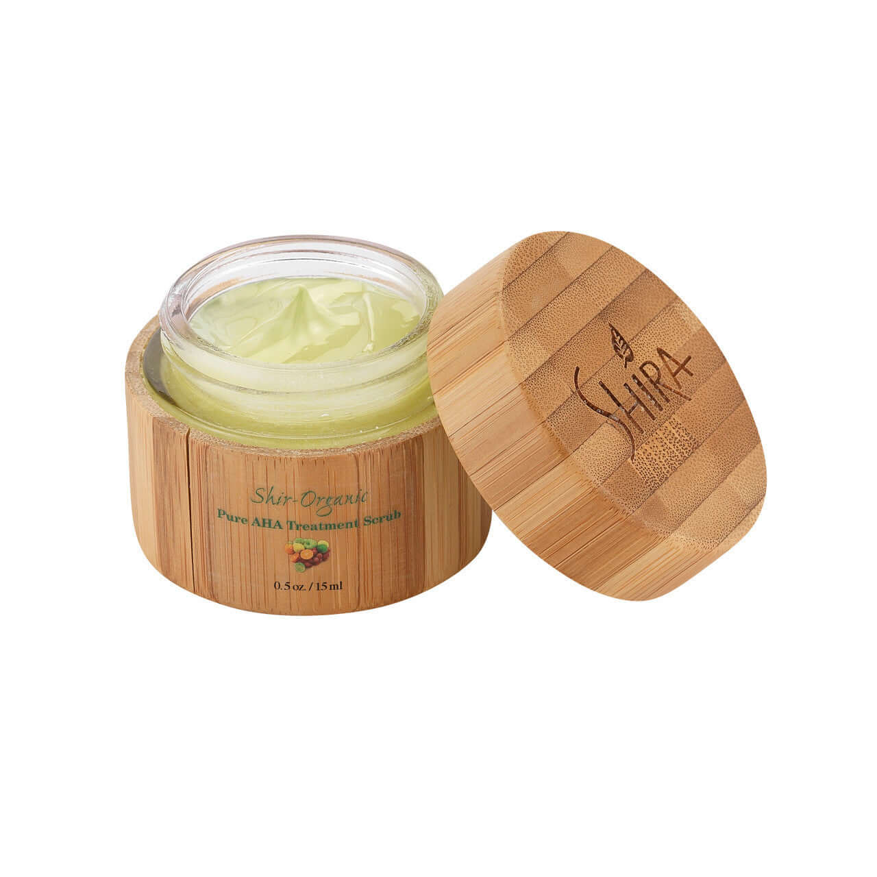 Pure AHA Treatment Scrub in eco-friendly bamboo jar, skin polisher with natural exfoliating beads, for youthful, healthier looking skin.