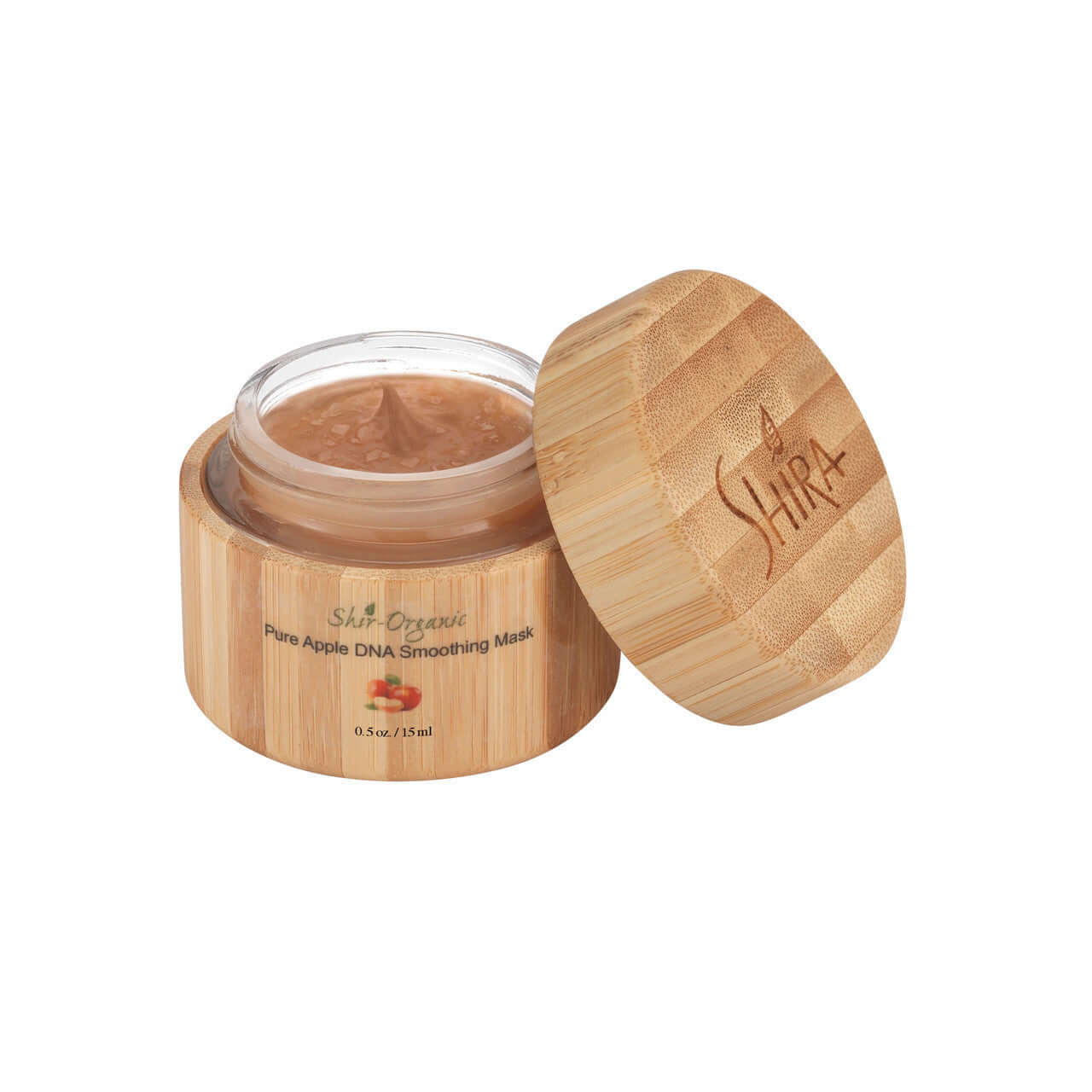 Pure Apple DNA Smoothing Mask in a bamboo container for rejuvenating and protecting skin, made from green apples and grapes.