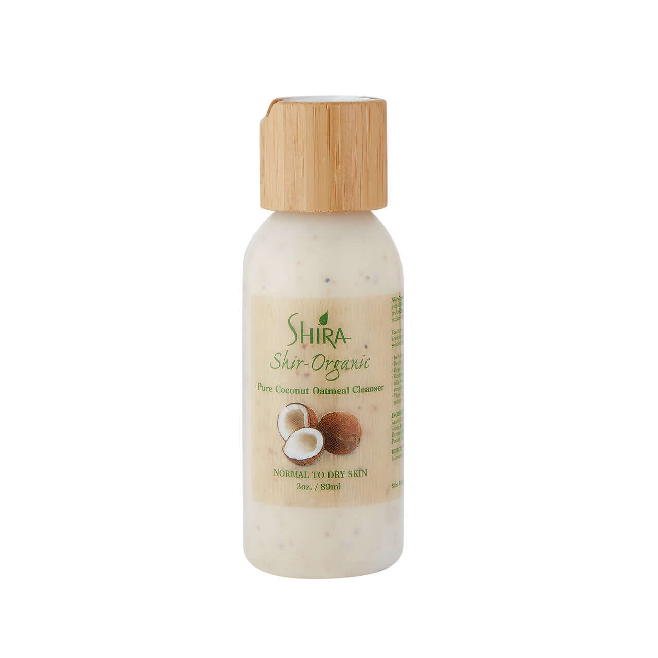 Pure Coconut Oatmeal Cleanser bottle with natural ingredients for soothing and cleansing normal to dry skin.