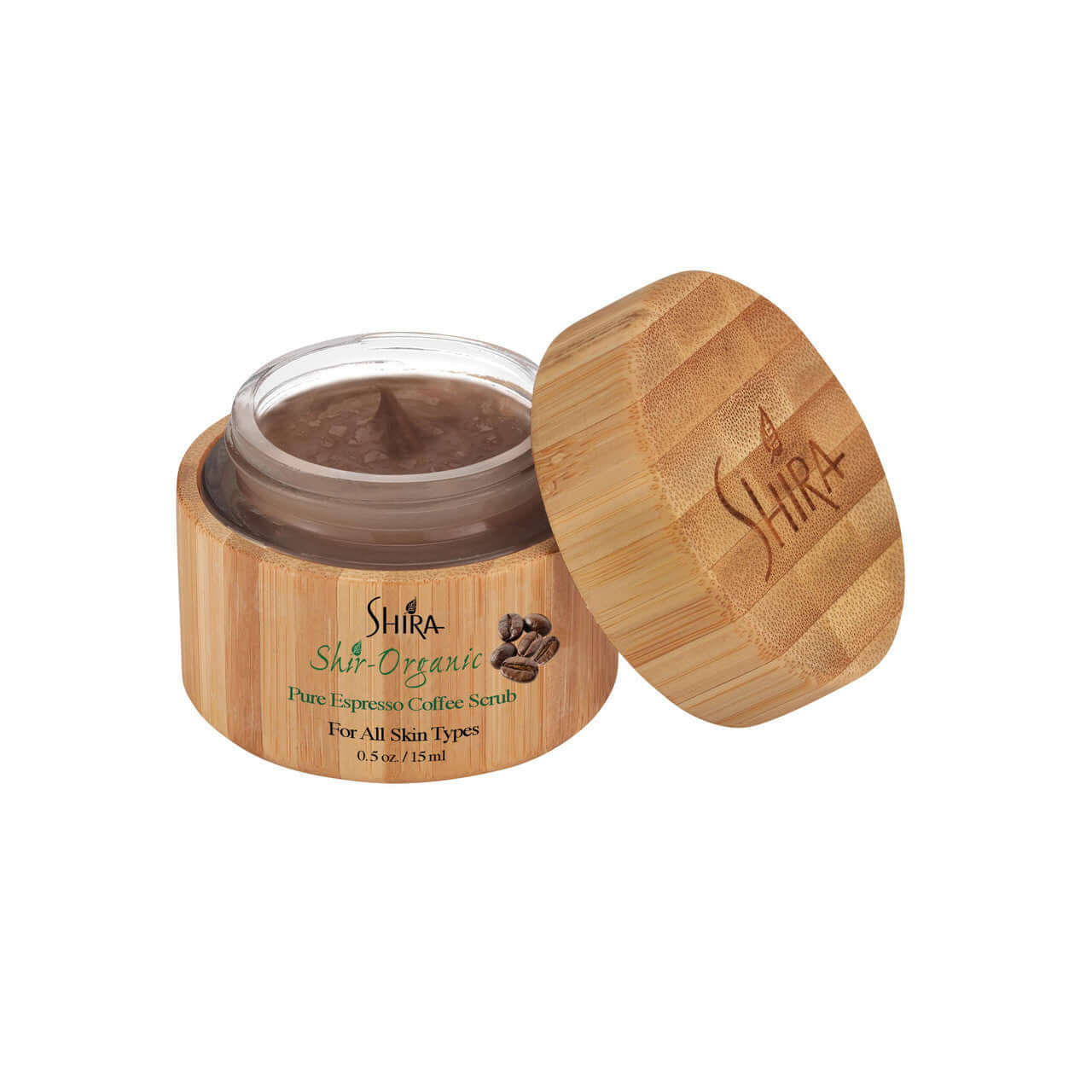 Shira Organic Pure Espresso Coffee Scrub in bamboo container for all skin types, 0.5 oz.