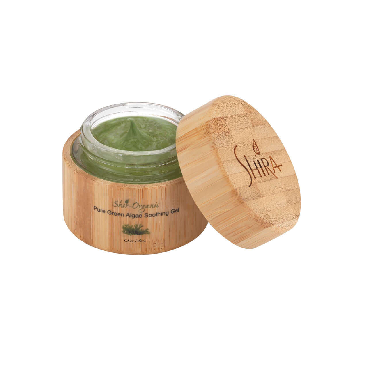 Pure Green Algae Soothing Gel in bamboo container for hydrating and calming sensitive skin by Shir Organic skin care.