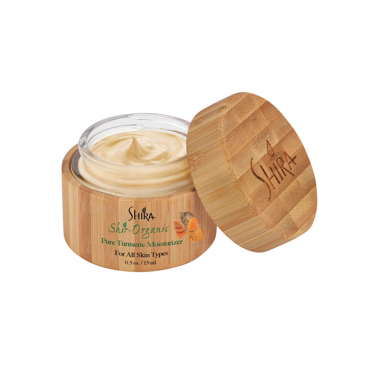 Pure Turmeric Moisturizer in eco-friendly bamboo jar for all skin types, rich in antioxidants, vitamins B6 and C, Manganese, Potassium, Curcumin.