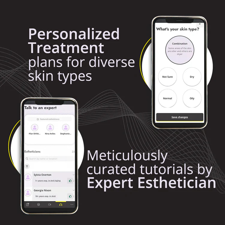 Personalized treatment plans and expert esthetician tutorials for diverse skin types shown on mobile app screens.