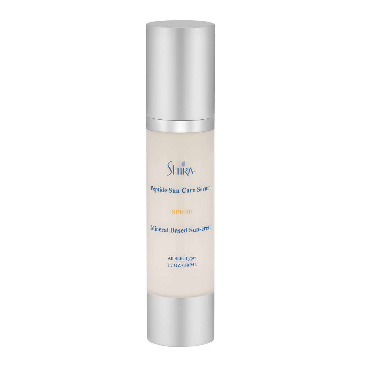 Peptide Sun Care Serum SPF 30 by SHIRA in a silver and white bottle, providing UVA/UBA protection with hydrating mineral-based formula.